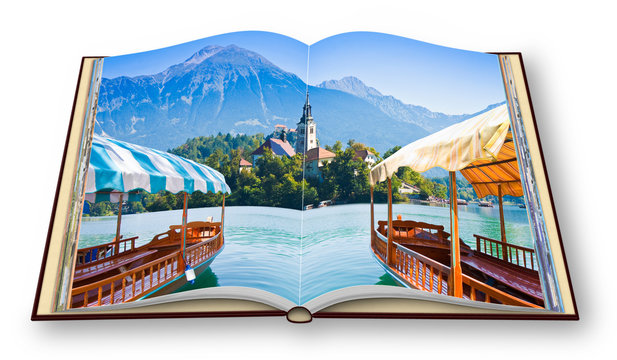 Typical wooden boats, in slovenian call "Pletna", in the Bled Lake, with the island of the church (Europe - Slovenia) - 3D render concept image of an opened photo book