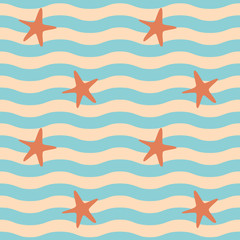 Fototapeta na wymiar Summer Beach Blue Green Wave Seamless Pattern with Orange Starfish Design Vector Illustration