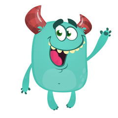 Angry cartoon monster. Halloween vector blue and horned monster