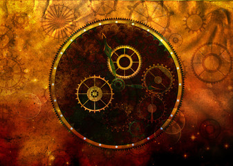 Steampunk vintage background with compass cogs and gears on paper canvas