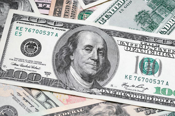 Dollars closeup. Benjamin Franklin's portrait on a  bill.Concept of money and earnings.