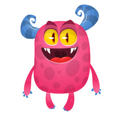 Happy cartoon monster. Vector Halloween pink furry monster