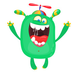 Happy cool cartoon fat flying monster. Horned vector monster character waving hands