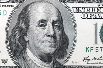 Dollars closeup. Benjamin Franklin's portrait on a  bill.Concept of money and earnings.