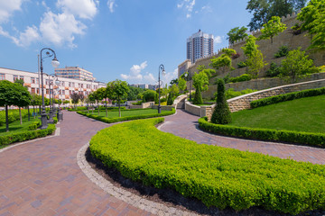 beautiful landscape design of boxwood shrubs in a park near the city