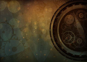 Steampunk background vintage clock compass, canvas paper collage