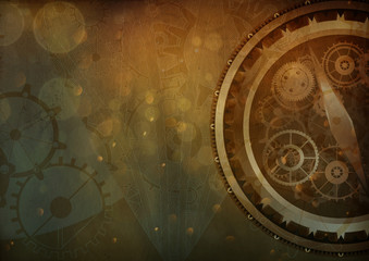 Steampunk background vintage clock compass, canvas paper collage