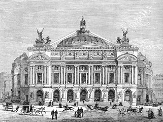 Naklejka premium Vintage engraving, Palais Garnier opulent opera house in Paris, frontal view