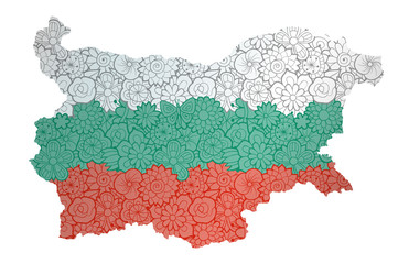 Flag and map of Bulgaria with flowers. Conceptual vector image, isolated on white