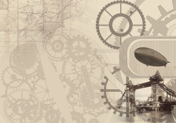 Frame vintage steampunk background, gears and cogs on canvas paper, old grunge