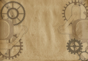 Fototapeta na wymiar Steampunk London vintage travel background with gears and cogs on grunge canvas paper