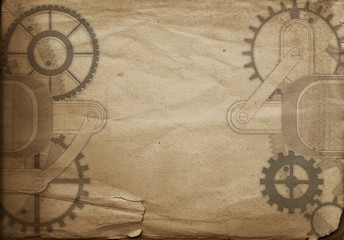 Fototapeta na wymiar Steampunk London vintage travel background with gears and cogs on grunge canvas paper
