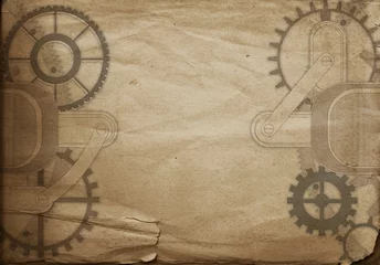 Fotobehang Steampunk London vintage travel background with gears and cogs on grunge canvas paper © magerram