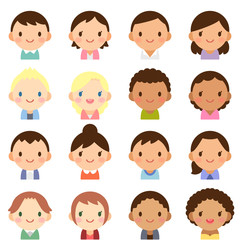 世界の人々　人種　男女　顔　かわいい　フラットアイコン　セット	