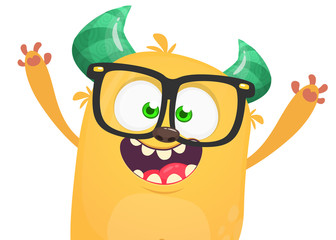Cartoon orange excited monster wearing glasses. Vector Halloween illustration isolated