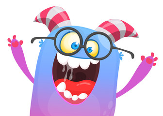 Cartoon blue excited monster wearing glasses. Vector Halloween illustration isolated