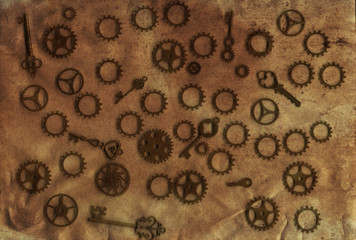 Frame vintage steampunk background, gears and cogs on canvas paper, old grunge