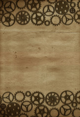 Frame vintage steampunk background, gears and cogs on canvas paper, old grunge