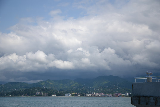 View of the mountains with clouds and sea