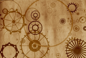 Fototapeta na wymiar Frame vintage steampunk background, gears and cogs on canvas paper, old grunge