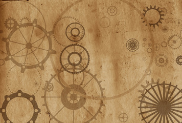 Fototapeta na wymiar Frame vintage steampunk background, gears and cogs on canvas paper, old grunge