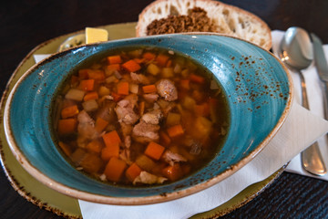 Traditional Icelandic lamb soup, bread and butter, indoor, Iceland