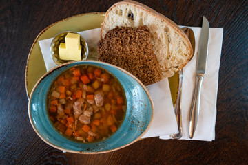 Traditional Icelandic lamb soup, bread and butter, indoor, Iceland