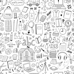 Cute doodle school pattern. Seamless background with school and science objects and illustrations in hand drawn style