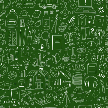 School seamless pattern on the green chalkboard. Cute school elements and icons background