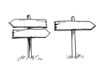 Set of old wooden direction signs in sketch slyle