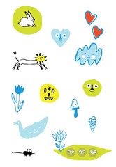 Set of colorful doodle. Heart, icecream duck rabbit