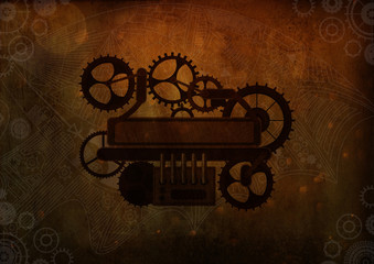 Steampunk background vintage frame cogs, gears on canvas paper, old retro