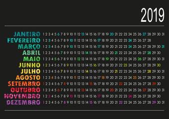 Portuguese calendar 2019 / Portuguese calendar for year 2019 on black background