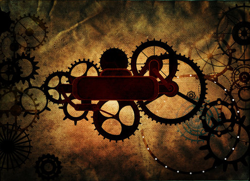 Steampunk vintage metal frame background with rusty grunge collage, cogs, dark elements, wheels and gears on paper canvas dirty texture 