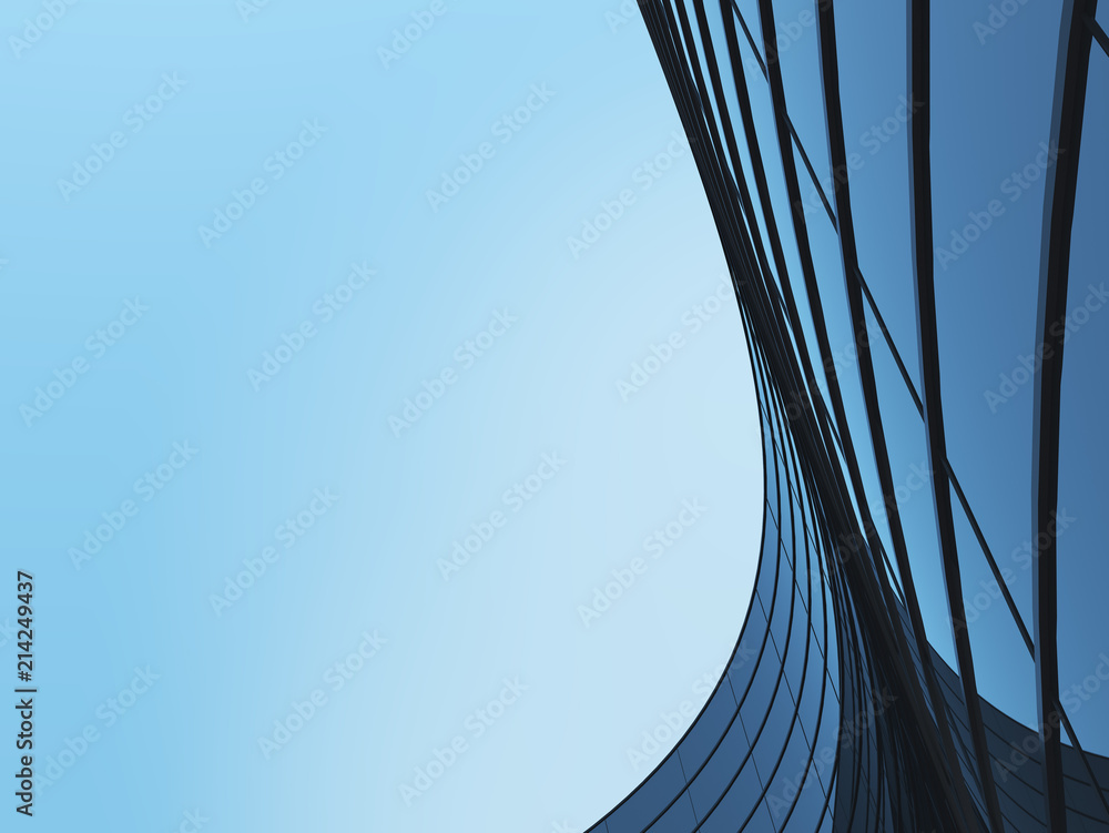 Poster 3D stimulate of high rise curve glass building and dark steel window system on blue clear sky background,Business concept of future architecture,lookup to the angle of the corner building.