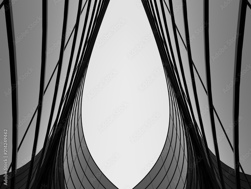 Poster 3d stimulate of high rise curve glass building and dark steel window system on blue clear sky backgr