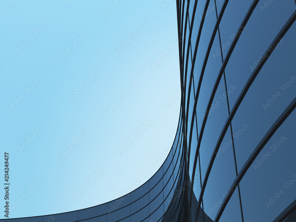 Poster 3D stimulate of high rise curve glass building and dark steel window system on blue clear sky background,Business concept of future architecture,lookup to the angle of the corner building.