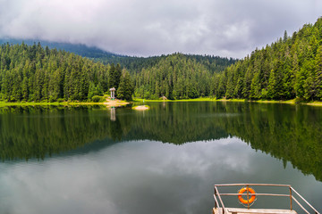 A wooden ladder with an orange life ring descends into the water of a small forest lake