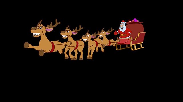 Santa Claus is quickly galloped with reindeer on a Christmas sleigh. Looping animations with alpha matte. Original file Full HD has alpha channel 