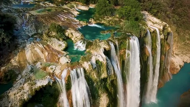 Drone amazing view of  blue and green waterfall in Huasteca Potosina a hidden paradise
