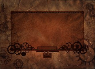 Vintage frame steampunk background, cogs and gears on canvas paper