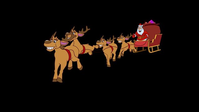 Santa Claus is quickly galloped with reindeer on a Christmas sleigh. Hand drawn animation with alpha matte. Original file Full HD has alpha channel