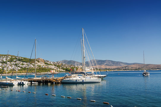 Sunny view of the beach at Ortakent near Bodrum, Mugla, Turkey.