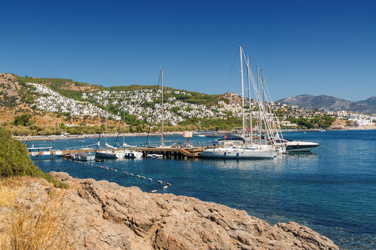 Sunny view of the beach at Ortakent near Bodrum, Mugla, Turkey.