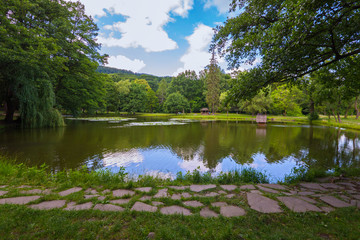 pond with a reflecting cloudy sky in a park with a stone path