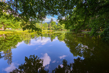 Fototapeta na wymiar A beautiful lake reflects the image of trees in a green park. Carpathians. Ukraine