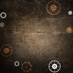 Steampunk vintage metal frame background with rusty grunge collage, cogs, dark elements, wheels and gears on paper canvas dirty texture 