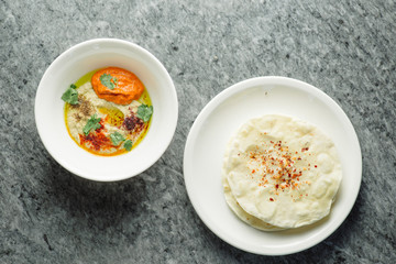 hummus with baked peppers and tortillas