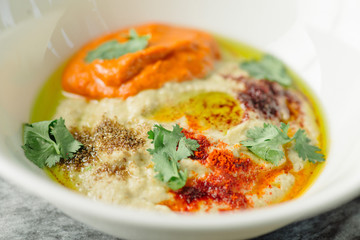 hummus with baked peppers and tortillas