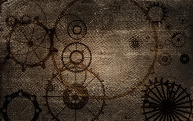Obraz na płótnie Canvas Steampunk vintage metal frame background with rusty grunge collage, cogs, dark elements, wheels and gears on paper canvas dirty texture 